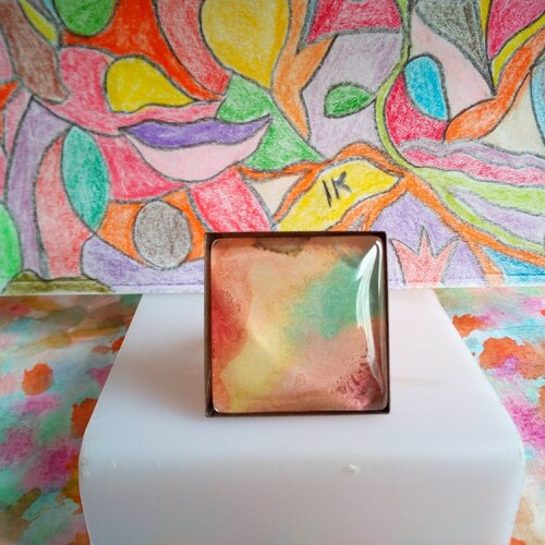 Bague laiton ajustable avec cabochon carré aquarelle peint par artiste,rose orange rouge vert jaune marron,fait en france,cadeau fete