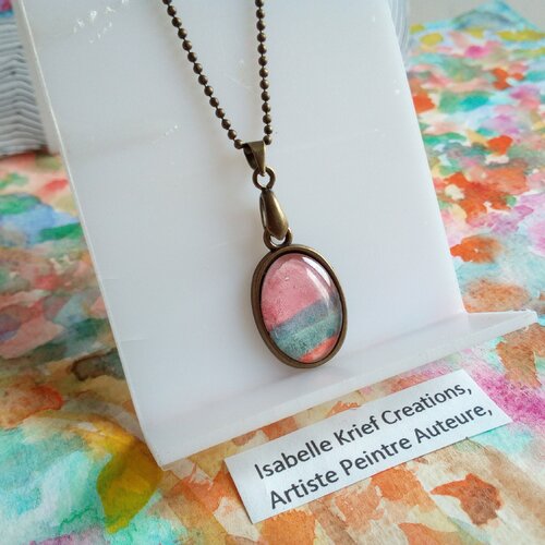 Pendentif oval en laiton avec aquarelle ,bleu rose et chaine boule bronze,fait en france,cadeau fete anniversaire noel