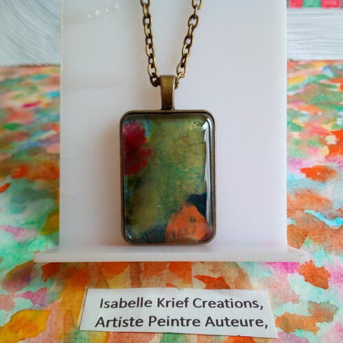 Aquarelle, pendentif laiton bronze avec cabochon rectangulaire ,bleu rouge orange vert,chaine forcat