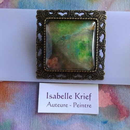 Aquarelle originale ooak,artiste peintre française,broche carrée,fleur feuille,vert jaune rouge marron,fete des meres