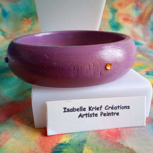Bracelet jonc en bois naturel peint avec cristal swarovski,bleu orange violet,cadeau fete anniversaire noel,fait mains en france,boho bobo