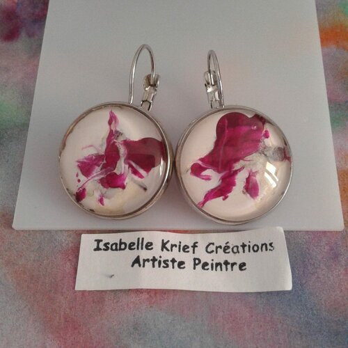 Peint artiste française,art nouveau,fleurs,rose blanc nacre,cabochon rond 20mm,verre,bijou dormeuses,argente rhodie,boho bobo gothique,ooak