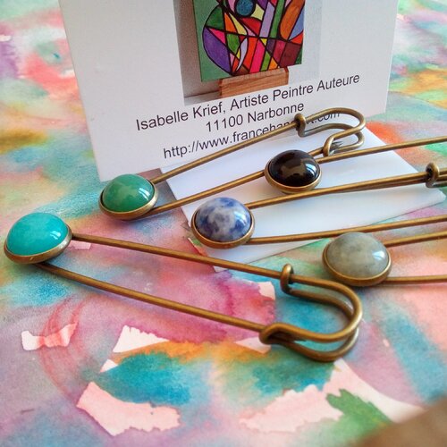 Epingle accessoire costume chapeau laiton avec pierre gemme semi precieuse onyx aventurine calcedoine sodalite labradorite,fait en france