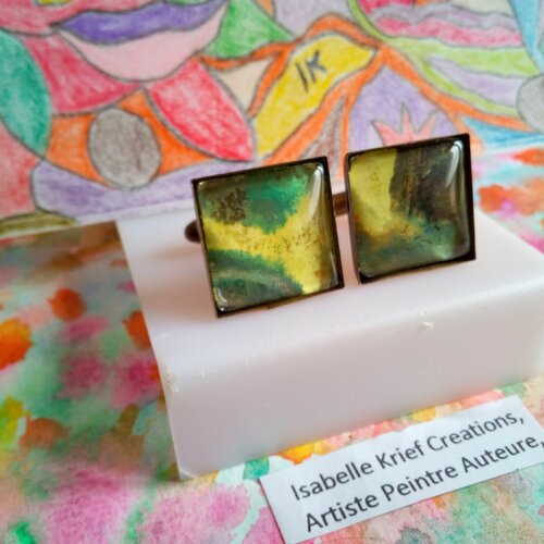 Boutons manchettes carrés,aquarelle originale ooak,artiste peintre française,jaune bleu vert noir bronze,bobo boho gothique abstrait
