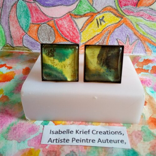 Boutons manchettes carrés,aquarelle originale ooak,artiste peintre française,jaune bleu vert noir bronze,bobo boho gothique abstrait