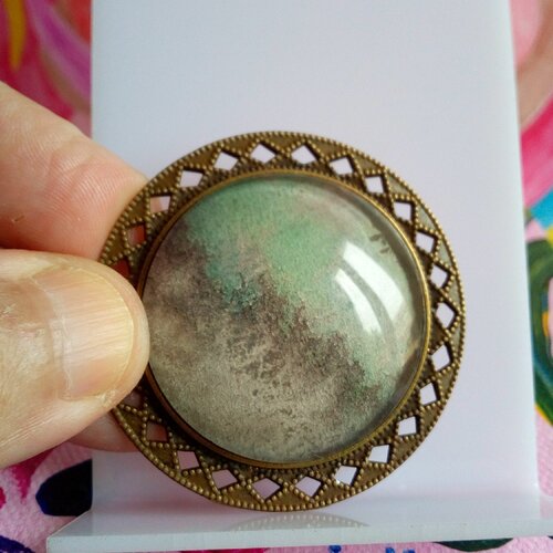 Broche aquarelle ooak peint artiste,laiton filigrane losanges fleuri,fermoir epingle,fait mains en france,cadeau fete anniversaire noel
