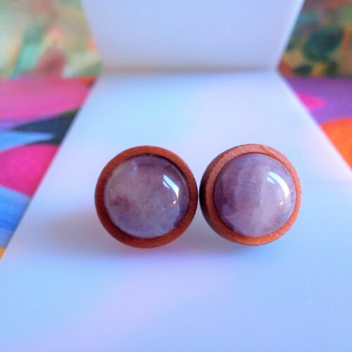 Amethyste,clous oreilles bois,tiges acier chirurgical avec cabochons ronds 12mm,pierre fine,fait mains en france,cadeau fete annivers