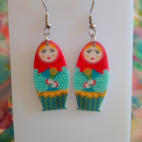 Boucles oreilles poupees russes colores,avec fermoirs crochets en acier inoxydable