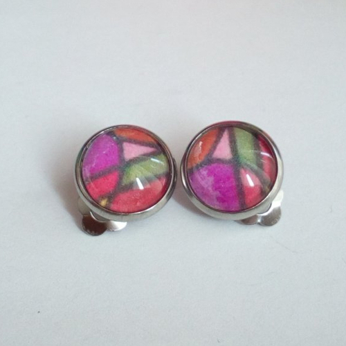 Art portable,clips oreilles cabochons ronds,impression tableau acrylique peint par artiste,abstrait geometrie,rouge rose orange vert ar