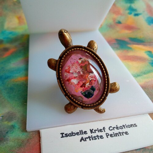 Peint artiste francaise bague tortue laiton bronze avec cabochon ovale art abstrait fantastique,fait en france,cadeau fete anniversaire noel