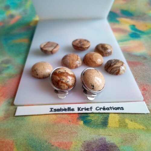 Jaspe paysage, clips oreilles argente rhodie avec cabochons ronds,pierre precieuse,cadeau fete anniversaire noel,fait mains en france