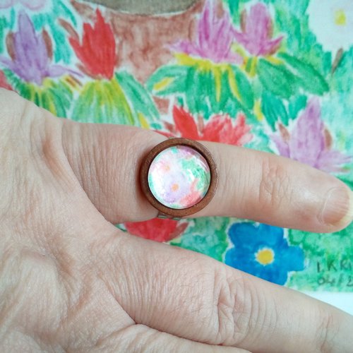 Bague en bois,anneau argente ajustable avec cabochon rond aquarelle jardin fleuri ,cadeau fete anniversaire noel,