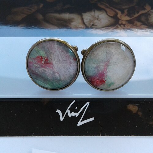 Boutons manchette laiton bronze avec cabochons ronds aquarelle