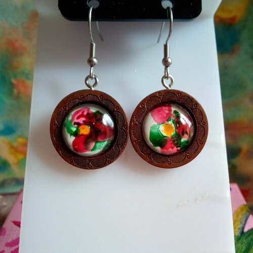 Verre peint art abstrait fleuri,boucles oreilles bois avec cabochon en verre rond rouge vert orange blanc,crochets acier