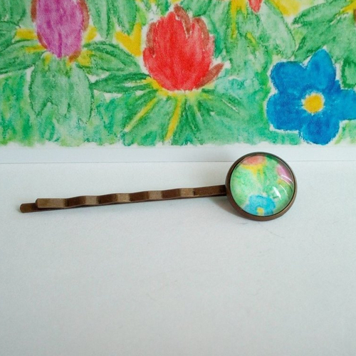 Art portable,pince cheveux laiton bronze avec cabochon rond 14mm aquarelle fleurie d isabelle krief artiste peintre francaise,cadeau fete an