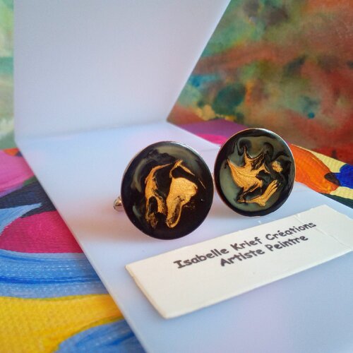 Boutons de manchette ronds argente rhodie,noir or art moderne,accessoire costume chemise,cadeau fete anniversaire noel