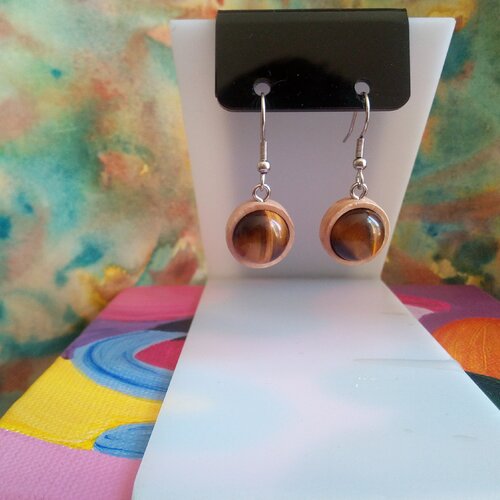 Oeil de tigre,boucles oreilles en bois naturel avec cabochons ronds,pierre fine ,fermoirs crochets acier 316l,cadeau fete