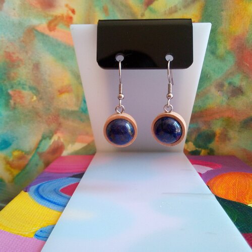 Lapis lazuli,boucles oreilles en bois avec cabochons ronds,pierre precieuse bleue,fermoirs crochets acier 316l,fait mains en france