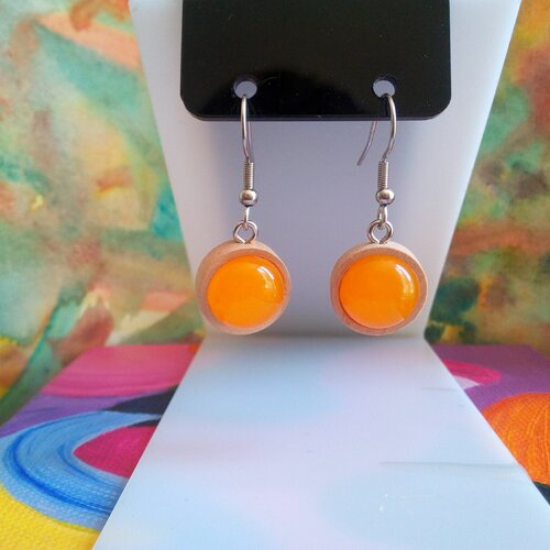 Calcite,boucles oreilles en bois naturel avec cabochons ronds,quartz pierre fine orange,fermoirs crochets acier 316l,idee cadeau