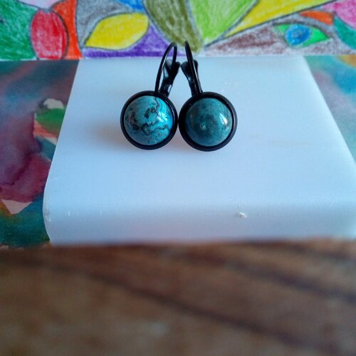 Boucles oreilles pendantes en laiton noir avec pendentifs cabochons onyx bleu pierre precieuse,et fermoirs dormeuses,cadeau fete noel
