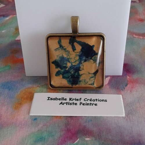 Verre peint artiste francaise,pendentif carré bronze,cabochon bleu turquoise,belière,diy bijou collier,bobo boho,gothique art nouveau