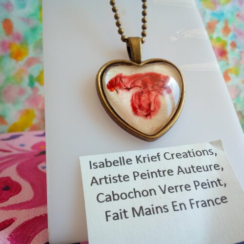 Verre peint,pendentif coeur laiton avec cabochon rouge sang et nacre blanc,fait mains en france,cadeau fete noel