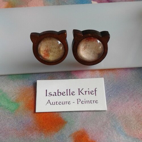 Clous oreilles chat bois acier,aquarelle unique isabelle k,rouge beige marron,fait en france,boho bobo gothique