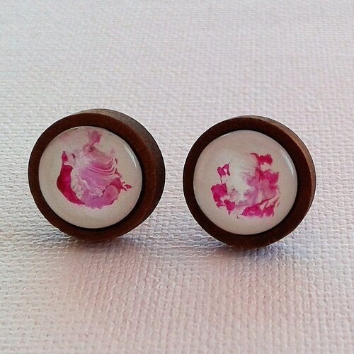 Peint artiste française,boucles oreilles bois acier,fleur rose blanc,fait mains en france,cadeau bijou,contemporain abstrait