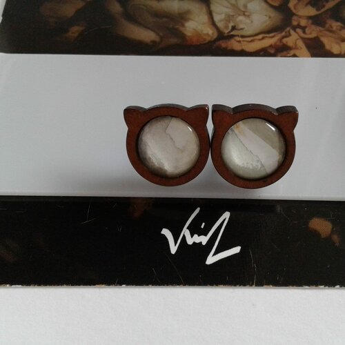 Aquarelle originale,clous oreille chat,bois acier,dia rond 12mm,vert marron,bobo boho gothique,fait en france