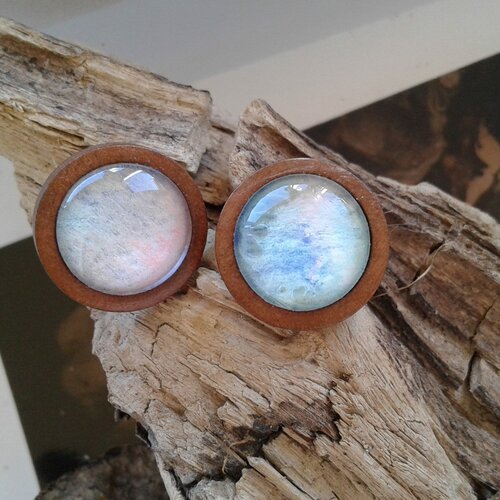 Peint artiste française,boucles oreilles bois acier,aquarelle bleu blanc rose,fait mains en france,boho bobo gothique,art deco art nouveau