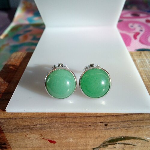 Aventurine, clips oreilles argente rhodie avec cabochons ronds,quartz pierre fine,cadeau fete anniversaire noel,fait mains en france