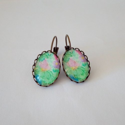 Art portable,dormeuses boucles oreilles percees,laiton bronze avec cabochons ovales 13x18mm impression aquarelle fleurie isabelle krief arti