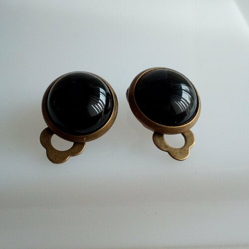 Clips oreilles laiton bronze avec cabochons ronds 10mm onyx noir pierre precieuse,cadeau fete anniversaire noel,boho bobo gothique baroque