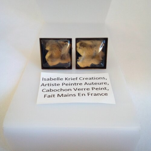 Boutons de manchettes laiton bronze avec cabochon carres en verre peint par artiste,fait mains en france,cadeau fete anniversaire noel