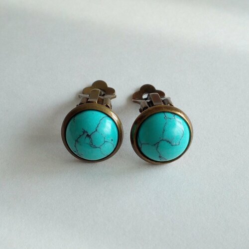Clips oreilles laiton bronze avec cabochons ronds 10mm turquoise bleue pierre precieuse,cadeau fete anniversaire noel,boho bobo gothique