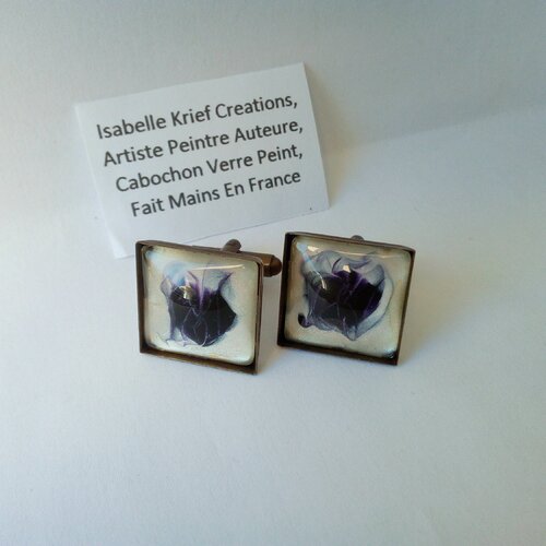 Boutons de manchettes laiton bronze avec cabochons carres verre peint violet nacre par artiste,fait mains en france,cadeau fete anniversaire