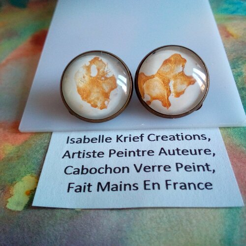 Clips oreilles laiton bronze avec cabochons ronds verre peint par artiste française,cadeau fete anniversaire,boho bobo