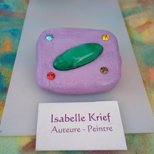 Broche malachite pierre verte,cristal bleu jaune marron orange,fermoir laiton bronze,bijou art unique signature