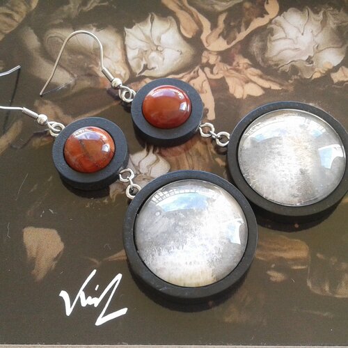 Jaspe rouge,boucles oreilles aquarelle art abstrait contemporain,pendentifs ronds en bois et cabochons en verre,pièce unique