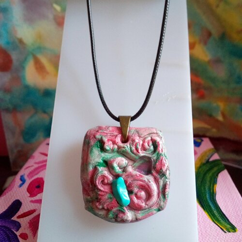 Turquoise et fluorite arc en ciel,pendentif rectangle polymere peint par artiste avec pierres naturelles,cadeau fete anniversaire noel