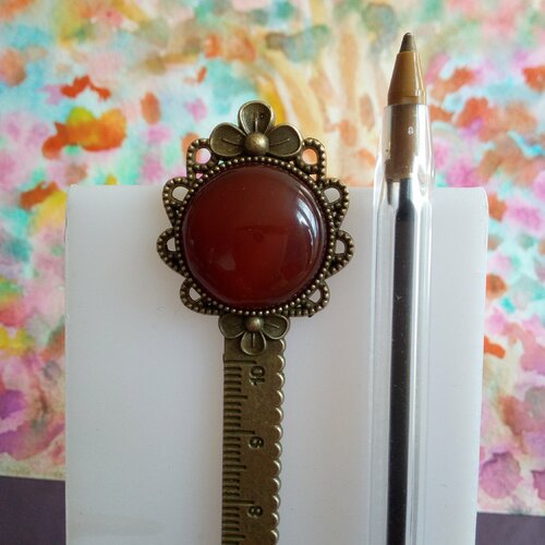 Marque page regle decimetre en laiton fleuri avec cabochon rond agate rouge,quartz pierre fine precieuse,accessoire livre,cadeau fete