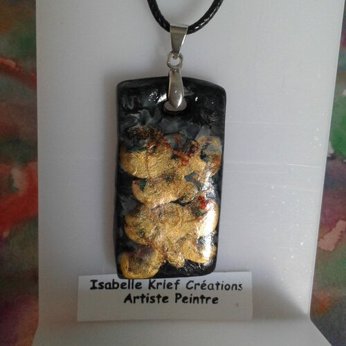 Pendentif rectangle argile peint noir or et nacre blanc avec signature artiste