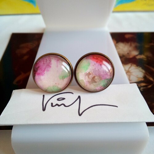 Aquarelle originale ,boutons de manchette ronds,rouge rose vert bronze,bobo boho gothique,cadeau fete noel