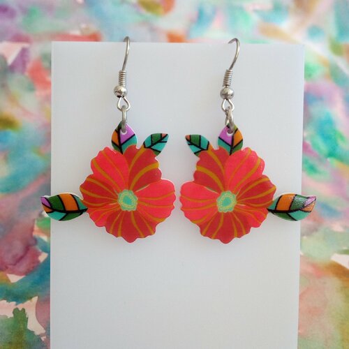 Boucles oreilles acrylique laser cut,fleur rouge rose vert bleu orange violet ,boho punk gothique edouardien
