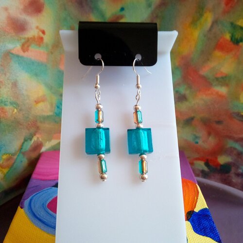 Boucles d oreilles carre et tube en verre bleu marron lampswork,art deco moderne,crochet plaqué argent oreilles percees