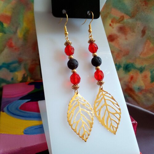 Boucles oreilles pierre de lave et perles verre ovale facettes boheme,crochets perles rondes et feuilles plaque or,cadeau fete anniversaire