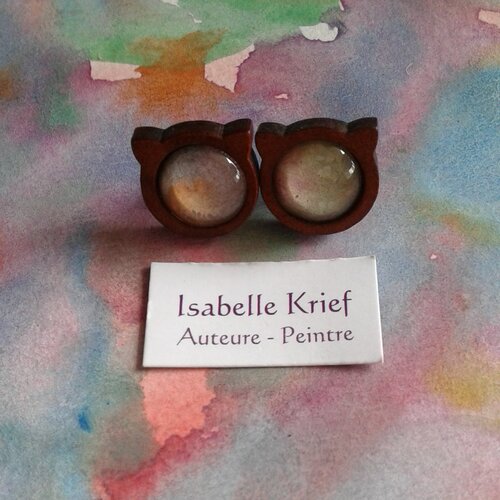 Aquarelle originale,clous oreille chat,bois acier,rouge marron,vert orange violet,dia 12mm,bobo boho gothique