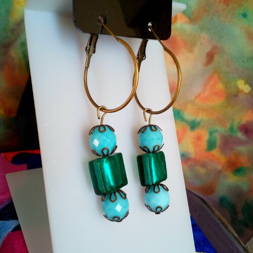 Boucles oreilles creoles bronze avec perles verre de boheme bleu vert,lampswork fil argent,cadeau fete anniversaire noel