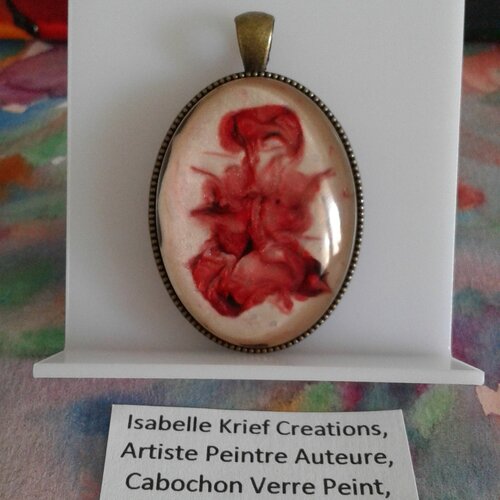 Peint artiste francaise,pendentif hibou,cabochon oval 30x40mm,rouge nacre blanc,laiton,baroque rococo,fait main en france,boho bobo gothique