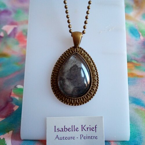 Pendentif goutte laiton bronze fleuri avec cabochon aquarelle noir gris orage nuage nuit,peint par artiste,fait mains en france,chaine boule